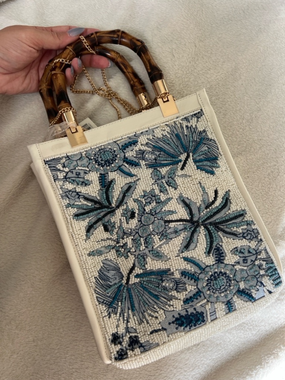 Embroidered Beaded Top-Handle Tote in Ivory and Blue - Picture 6 of 9